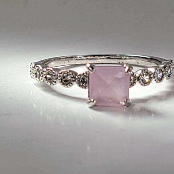 Elegant Rhodium-Plated Size 9 Ring with Square-Cut Pale Pink Gemstone - Picture 8 of 8